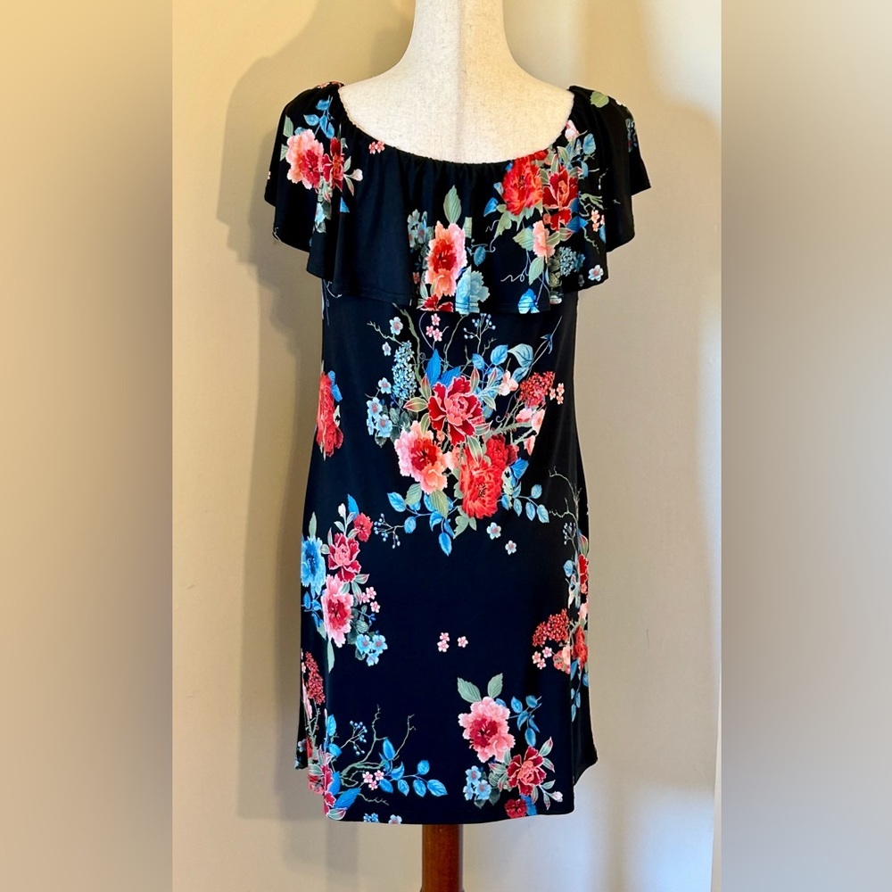 Renee C Black Floral Off-Shoulder Dress | Romantic Ruffle Neckline | Size M - Picture 3 of 7